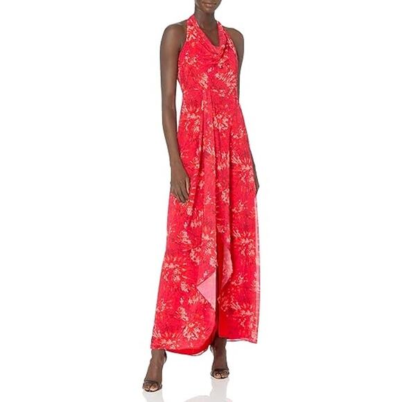 NWT Halston Heritage Gown Maxi Dress Red Slit Kaleidoscope Print Cowl Halter - Picture 1 of 9